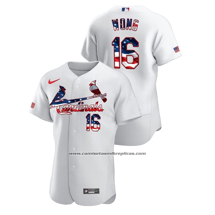 Camiseta Beisbol Hombre St. Louis Cardinals Kolten Wong 2020 Stars & Stripes 4th of July Blanco